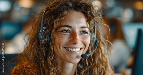 Wallpaper Mural Happy, agent and woman with headset, call center and communication with contact for lead generation. Office, telemarketing and person with mic for sales, space and consultation with tech and online Torontodigital.ca