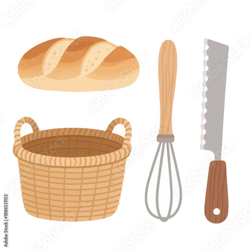 Traditional baking essentials featuring a fresh loaf of crusty bread, a hand-woven wicker basket, a stainless steel whisk, and a professional serrated knife.