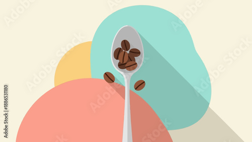 Spoon holding coffee beans with abstract shapes in background