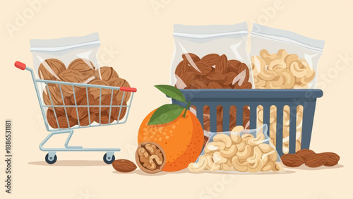 Shopping cart and basket filled with nuts, with an orange and loose nuts