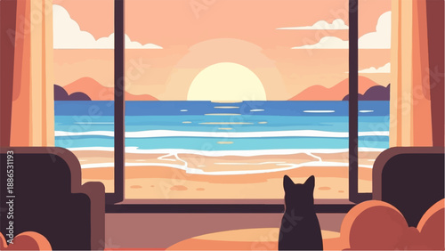 Silhouette cat watching sunset over ocean from cozy room interior