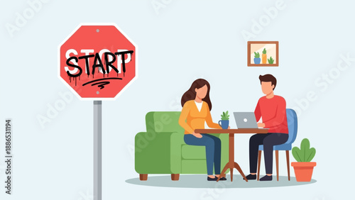 Sign of a start with two people working at tables