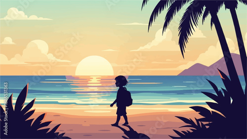 Silhouette of child with backpack walks on beach at sunset with palm trees