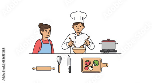 Chef and assistant cooking with kitchen tools illustration.