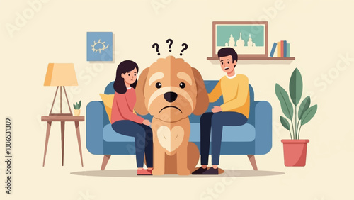 Sad dog confused with couple on couch in living room