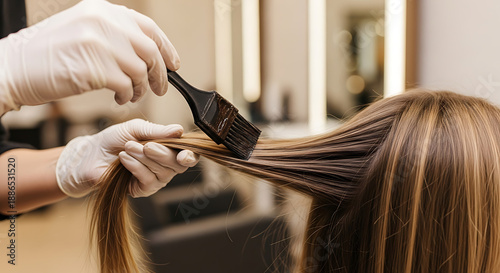 Hairdresser applying hair color to a client's long blonde hair with a brush in a salon from behind