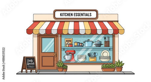 Cartoon Kitchen Essentials Storefront with Red and White Awning.