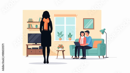 Silhouette woman and couple using laptop in cozy living room