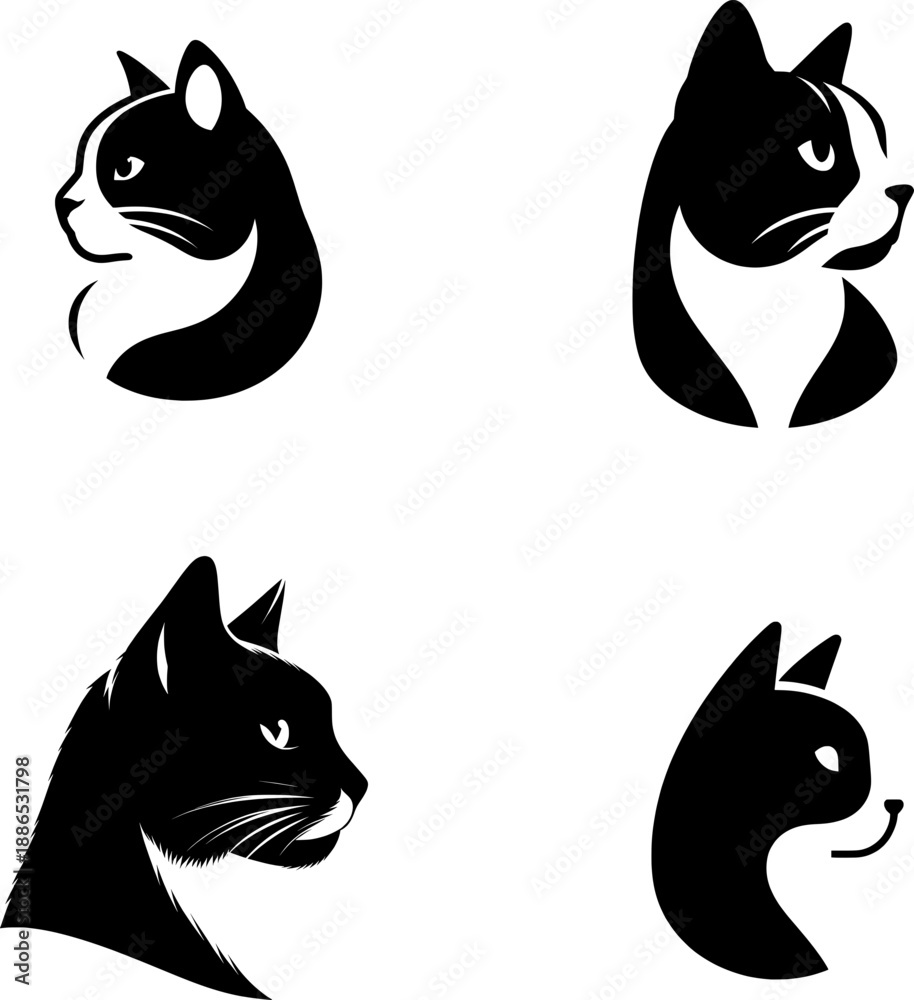 Fototapeta premium Black and white cat silhouette set, four poses, clean flat vector style, isolated on white.