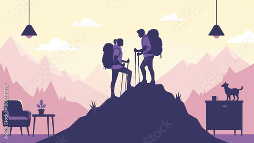 Silhouetted hikers stand atop a mountain peak with an armchair and dog nearby