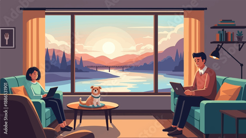 Pixel art scene of people working remotely with a dog and scenic view