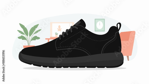 Simple black suede shoe illustrated against a minimalist room interior