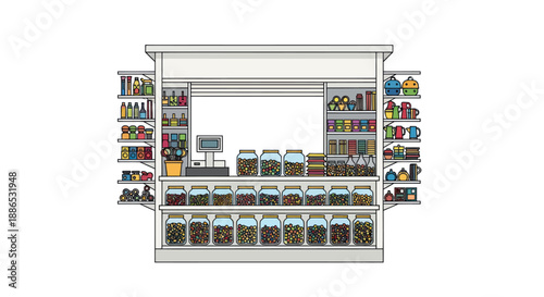 Colorful illustrated shop stall with a counter cash register and shelves full of jars and products.