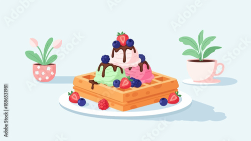 Pixel art waffle with three scoops of ice cream, berries, and potted plants
