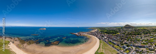 Panoramic drone aerial view of North Berwick coastline and West Sands