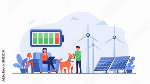 Renewable energy powering a home with people, dog, wind turbines, solar panels, and battery