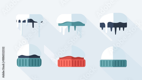 Six flat-design icons of snow-covered winter hats and icicles