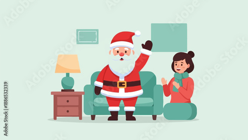 Santa Claus greets a young woman in a cozy living room, celebrating winter