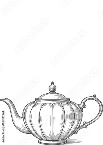 Vintage engraved teapot vector illustration in classic line art style, antique tea kettle drawing for kitchen decor, packaging and branding design