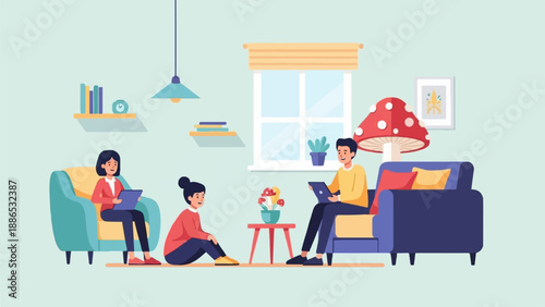 Three people in a living room with a mushroom lamp, plants, and books