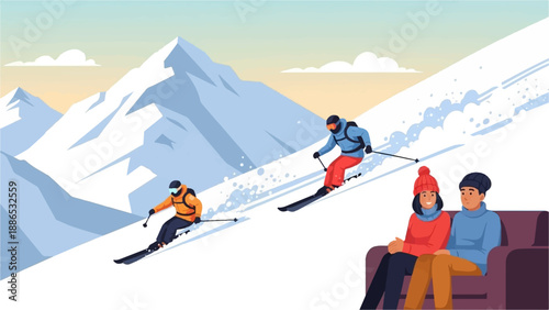 Skiers descend snowy mountain while couple watches from couch