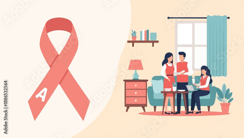 Supportive group in a living room with a pink awareness ribbon