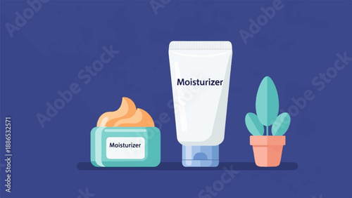 Skincare products, a tube and jar of moisturizer, with a plant