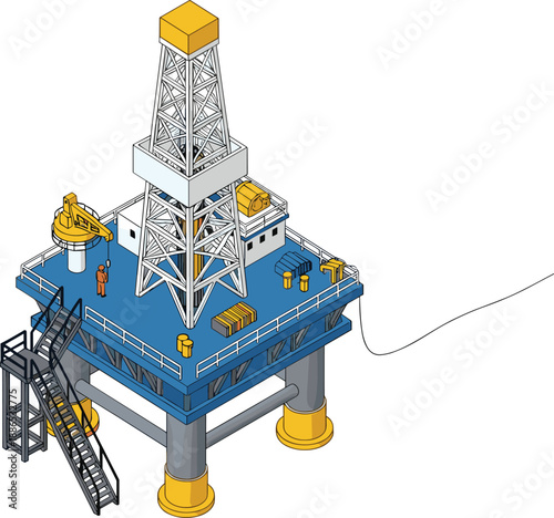 Offshore oil rig platform with drilling derrick and crane for energy production, isometric vector illustration of fuel industry isolated on white background