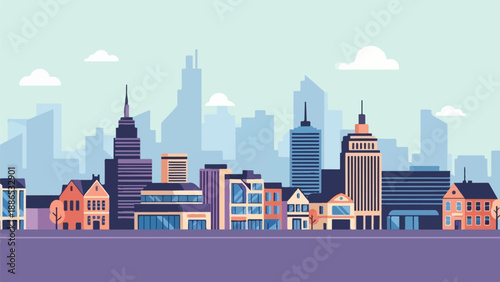 Stylized cityscape with diverse buildings under a cloudy sky