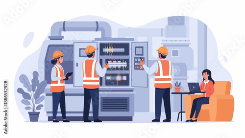 Team of engineers working on electrical panel with a woman on laptop