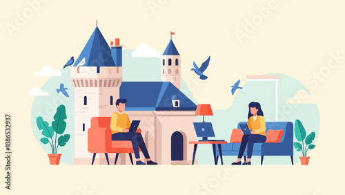 Remote work at castle with people on couches using laptops