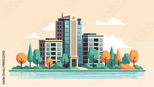 Stylized cityscape with buildings, trees, and water reflection