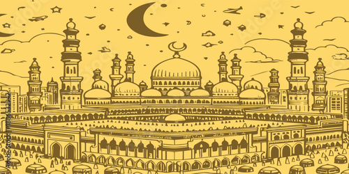 Grand Mosque and Kaaba in Mecca Saudi Arabia Hand Drawn Illustration.