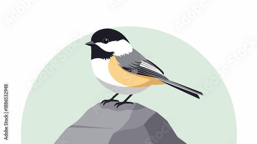 Stylized chickadee bird perched on a gray rock with a pale green background