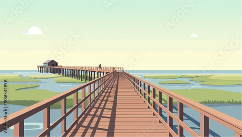 Pixelated wooden pier over marshland leads to a distant building