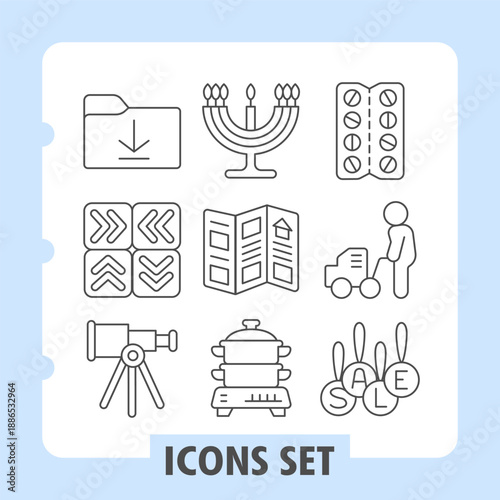 Set of nine thin line icons including voting, menorah, torah, prayer, clipboard, shopping cart, sale and analytics for web and mobile applications.