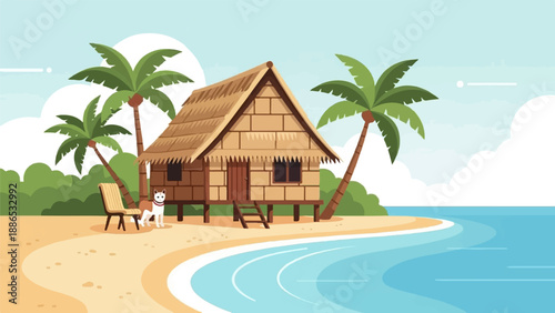 Pixelated tropical hut with palm trees, a dog, and a beach chair