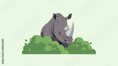 Pixelated rhino emerges from lush green bushes against a light green background