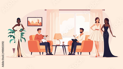 Stylish people and dogs gather in a modern living room