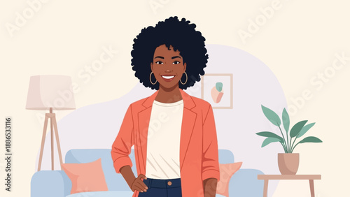 Stylish woman in a coral blazer stands in a cozy living room