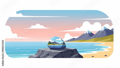 Pixelated landscape with a transparent crystal showing a serene inland view
