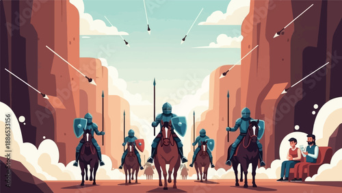 Pixelated knights on horseback march through a canyon as arrows fly