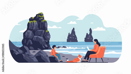 Relaxing by the ocean with a dog and laptop on a rocky coast