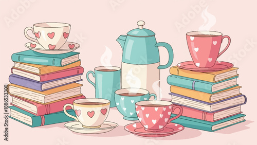 Stacks of colorful books and steaming cups with heart designs