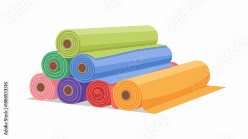 Stacked rolls of colorful material, displayed against a white background