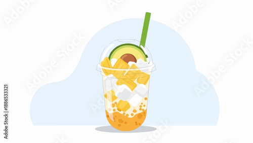 Refreshing fruit beverage with avocado and pineapple chunks in a clear cup