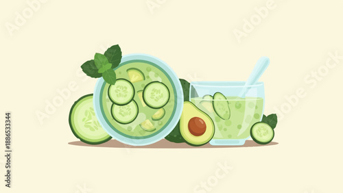Refreshing green gazpacho and cool cucumber drink with avocado and mint
