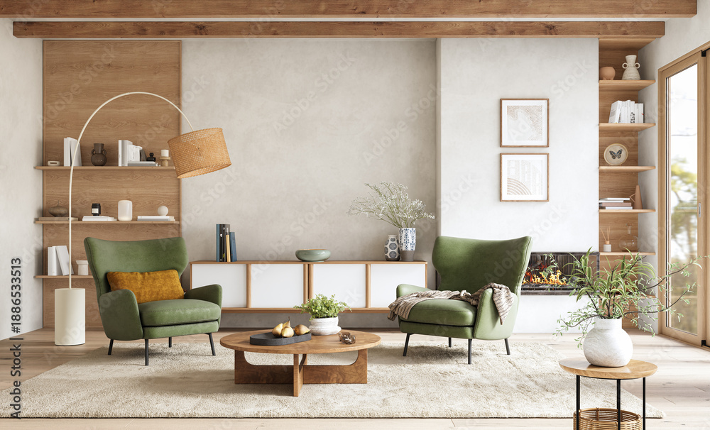 Fototapeta premium Contemporary Nordic Living Room with fireplace and Natural Materials, 3d render