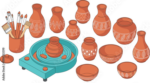 Pottery wheel illustration, clay crafting process, handmade ceramic art, sculpting tools, decorated bowls, traditional pottery making, creative artisan design, vector artwork