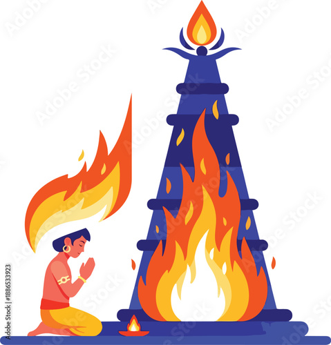 Illustration of a person praying during Holika Dahan in India with vibrant flames and a festive mood.